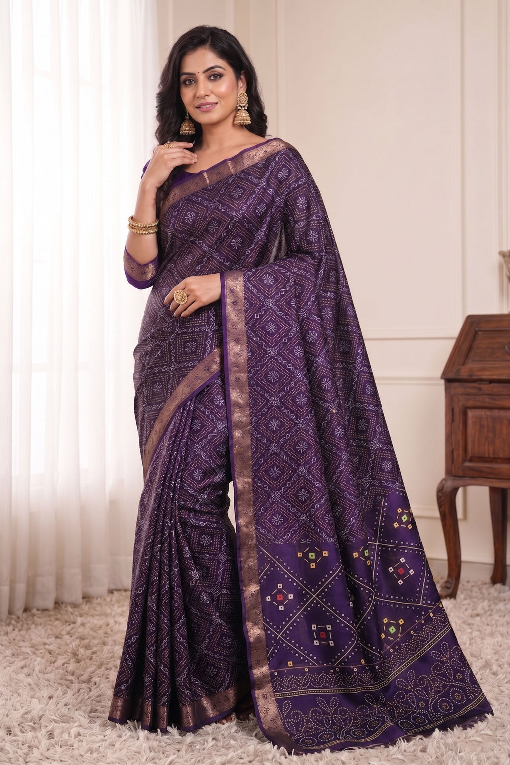 Bandhani Print Soft Silk Blend Saree with Rich Golden Zari Border