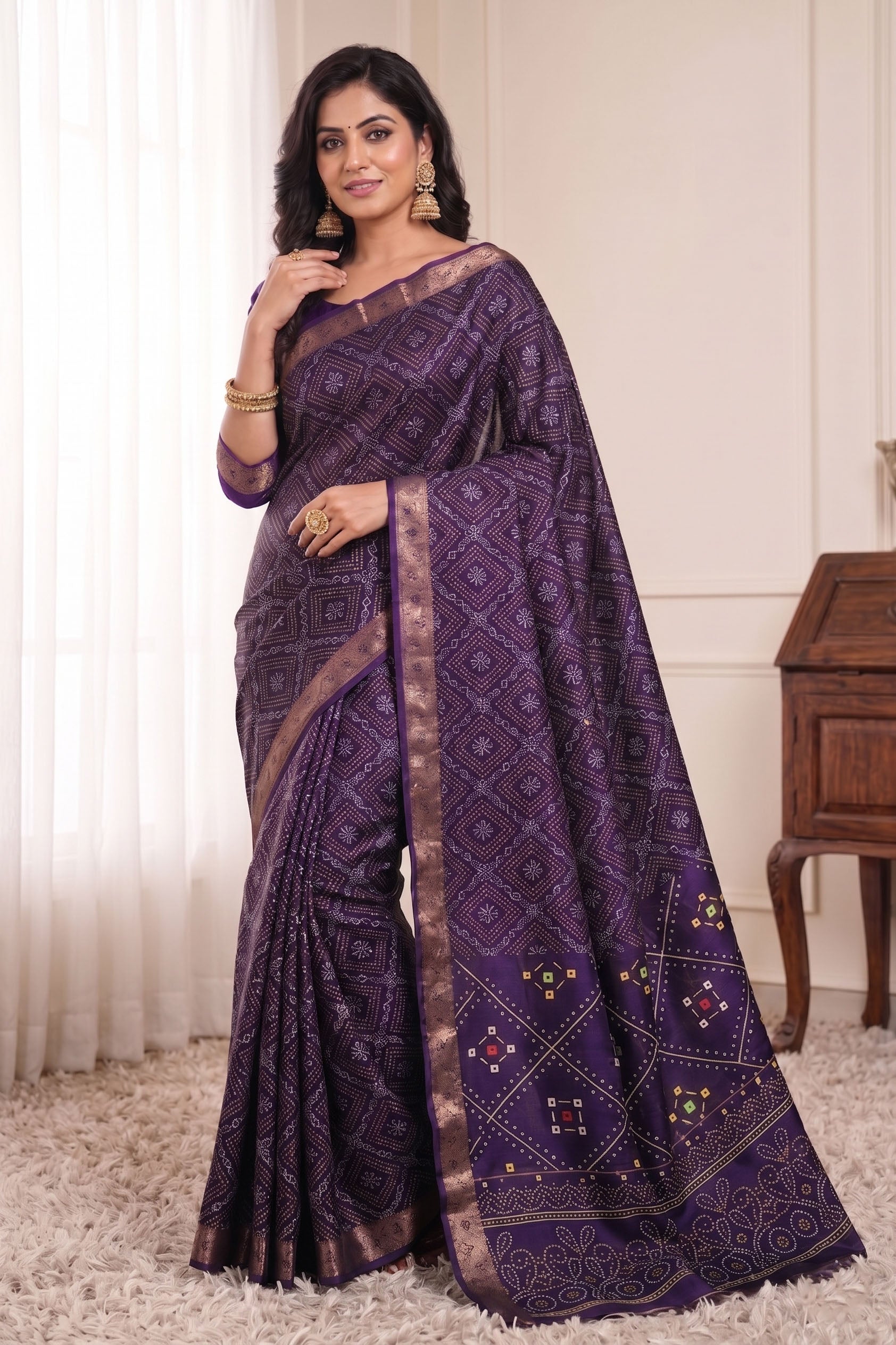 Bandhani Print Soft Silk Blend Saree with Rich Golden Zari Border
