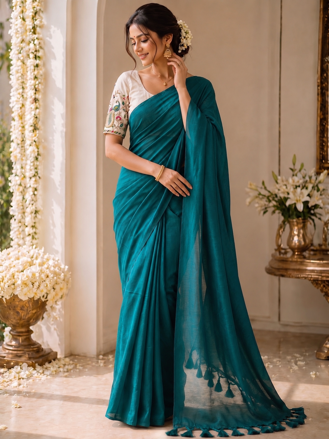 Khadi Cotton Saree with Embroidered Padded Blouse