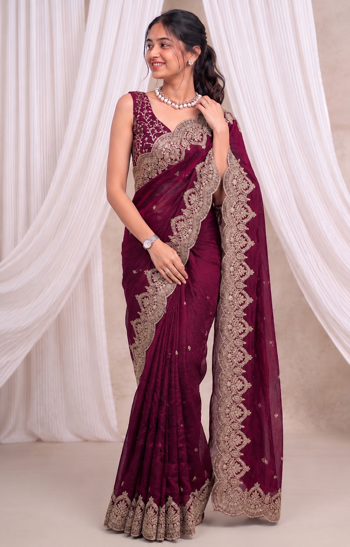 Premium Fandy Chiffon Saree with Sequins Zari Work