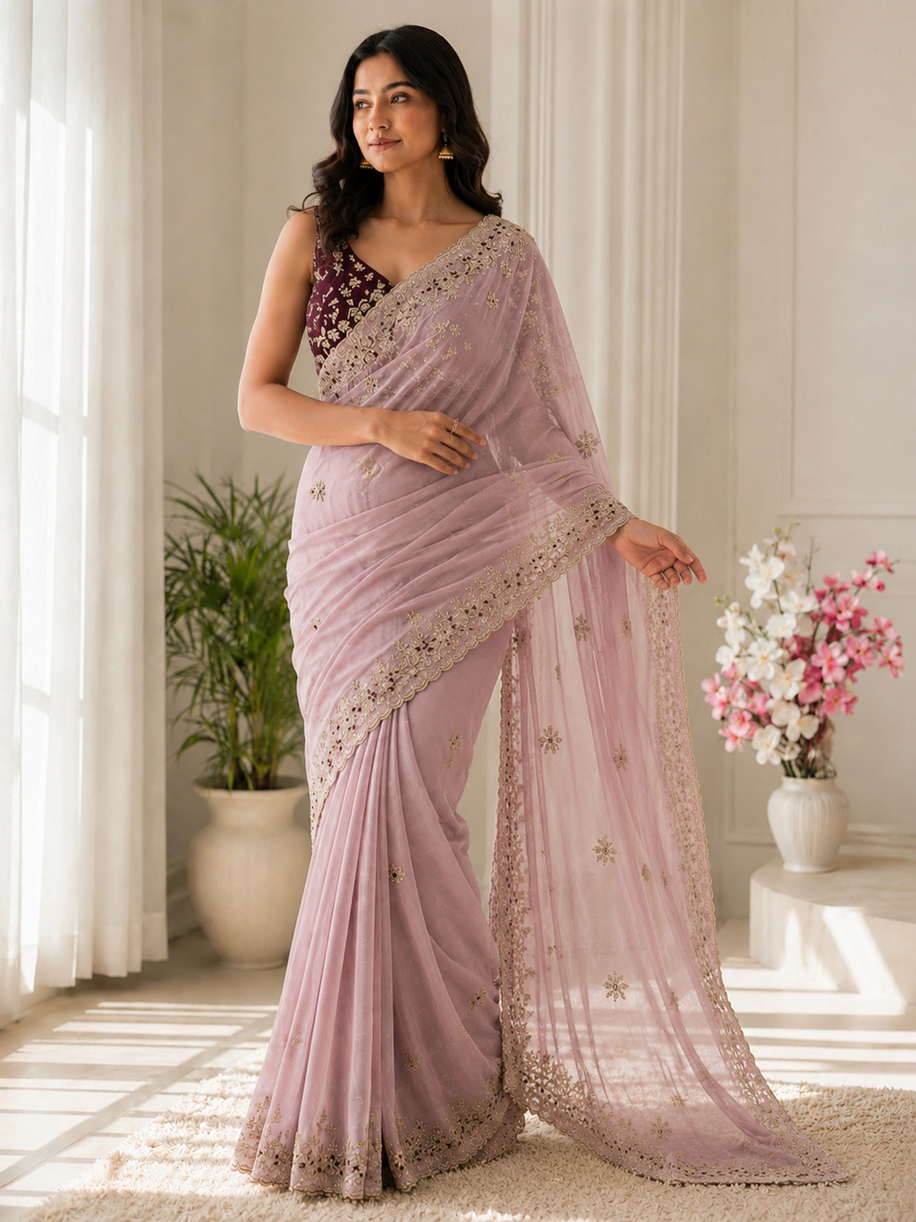 Fandy Satin C-Pallu Saree and Designer Stitched Blouse
