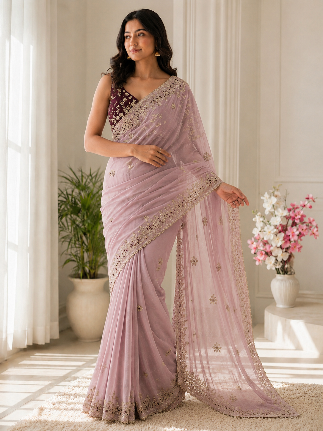 Fandy Satin C-Pallu Saree and Designer Stitched Blouse