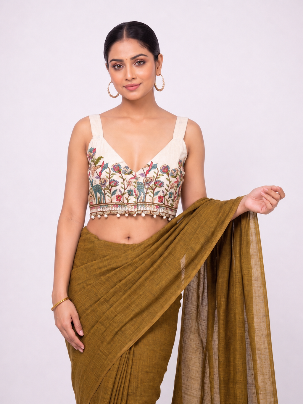 Khadi Cotton Saree with Designer Embroidered Sleeveless Blouse