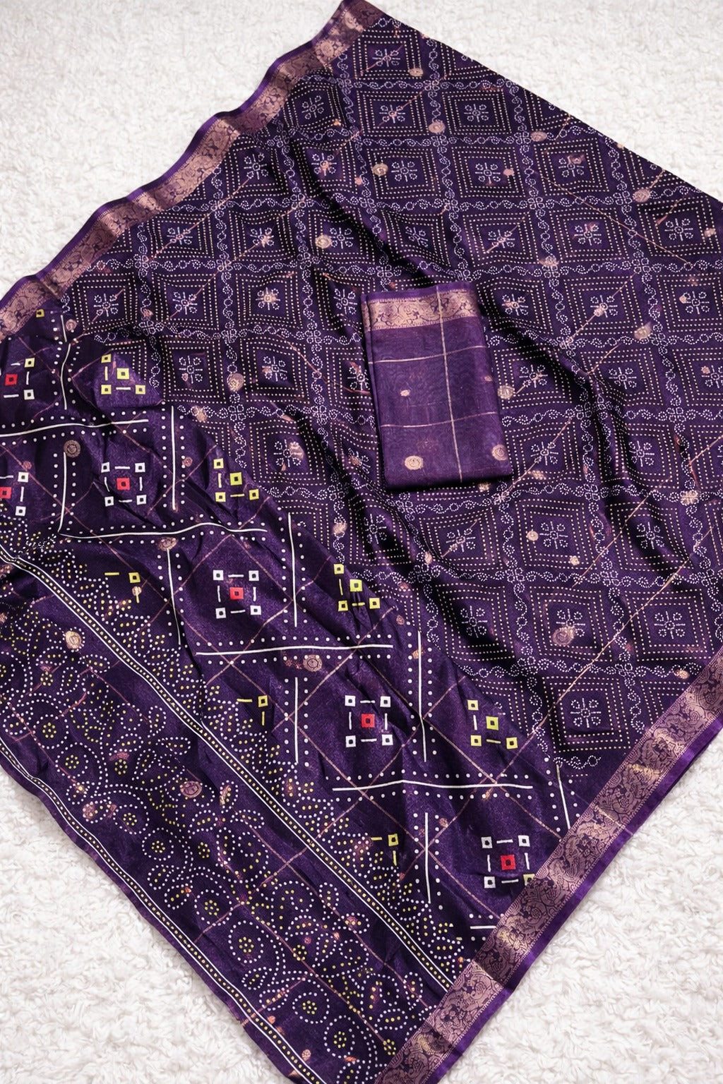 Bandhani Print Soft Silk Blend Saree with Rich Golden Zari Border