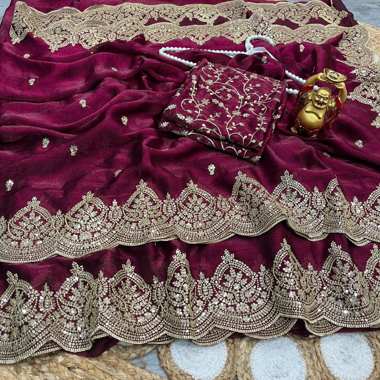 Premium Fandy Chiffon Saree with Sequins Zari Work