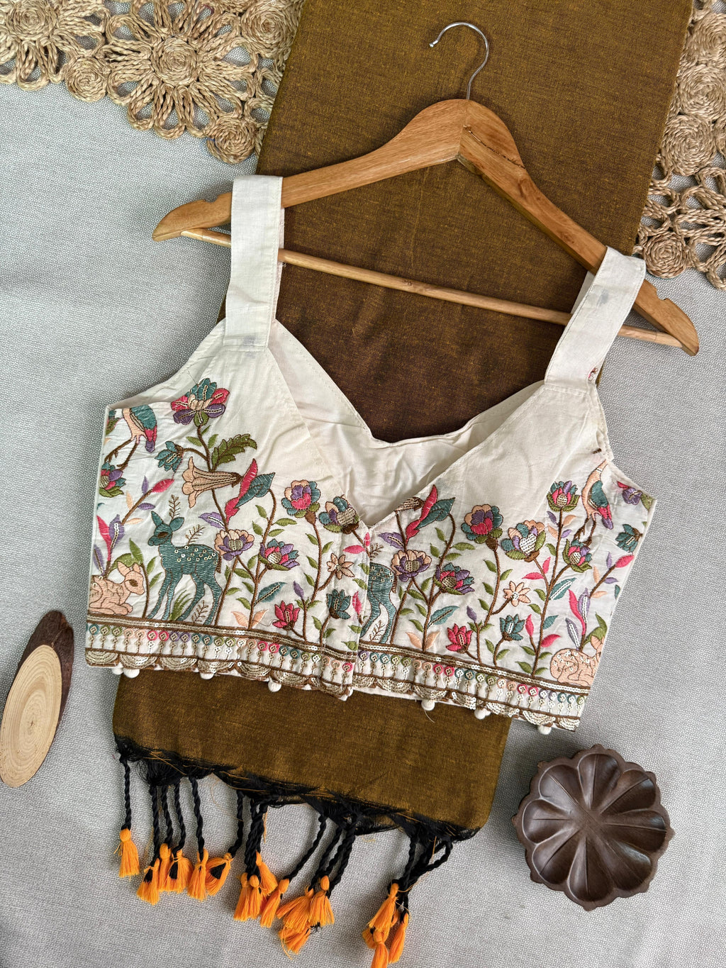 Khadi Cotton Saree with Designer Embroidered Sleeveless Blouse