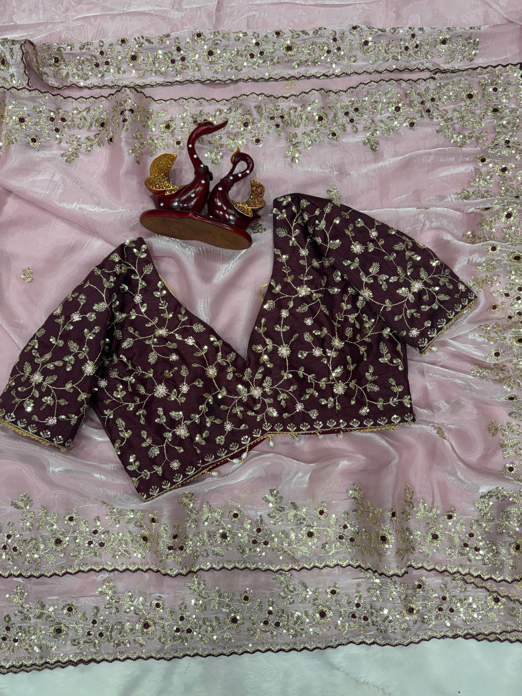 Fandy Satin C-Pallu Saree and Designer Stitched Blouse