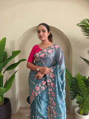Awesome Embroidery Work Teal Blue Color Saree
