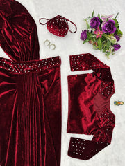 Wonderful Velvet Moti Work Maroon Color Lehenga Saree