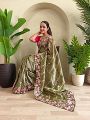 Awesome Embroidery Work Mehndi Color Saree