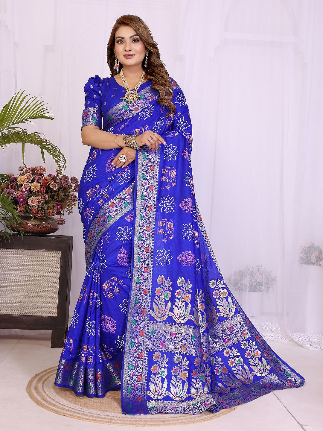 Dola Silk Bandhej Khadi Print Saree with Kanchi Border