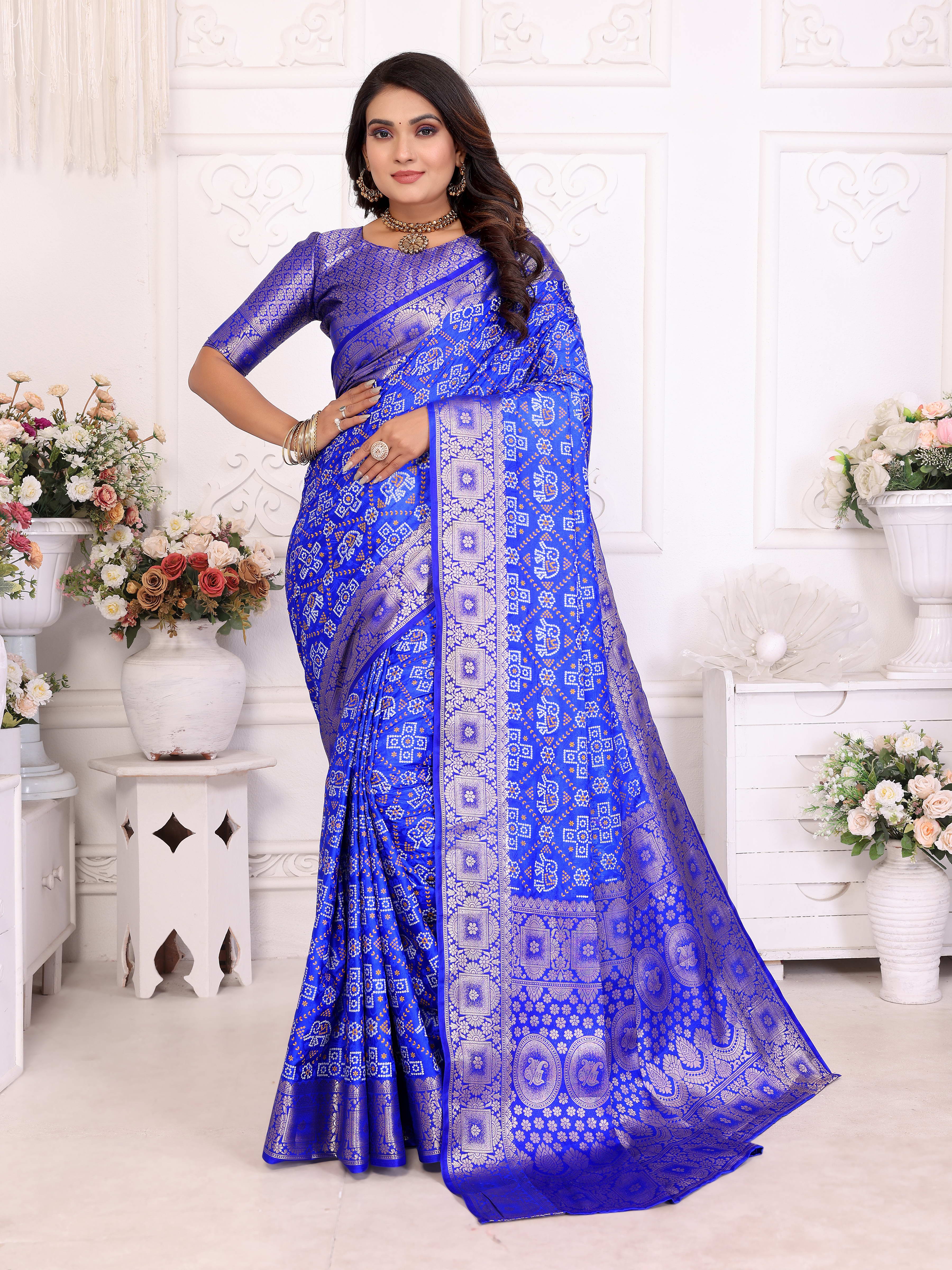 Bandhej Print Soft Satin Silk Saree with Zari Border