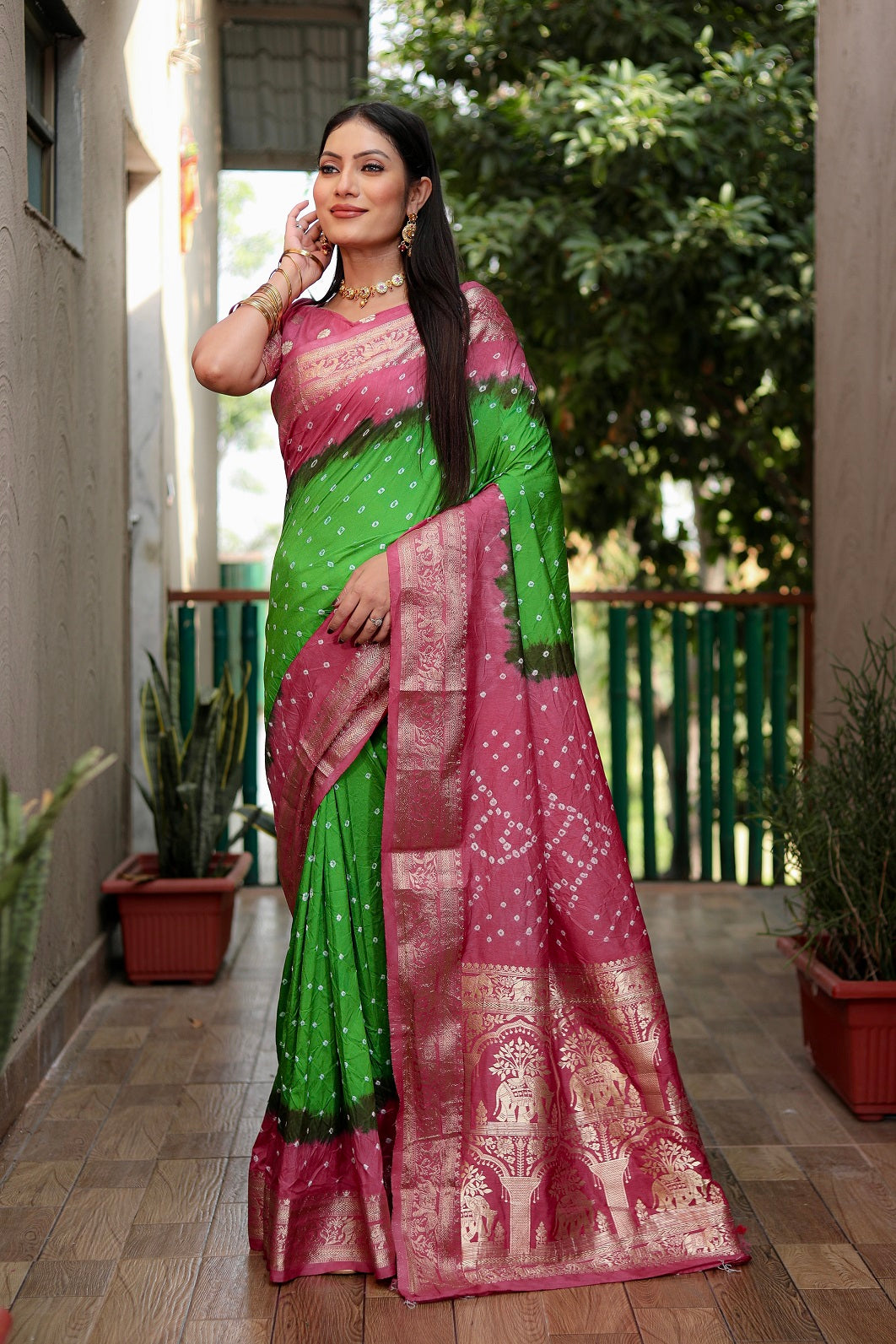 Pure Bandhej Silk Saree with Tissue Pallu