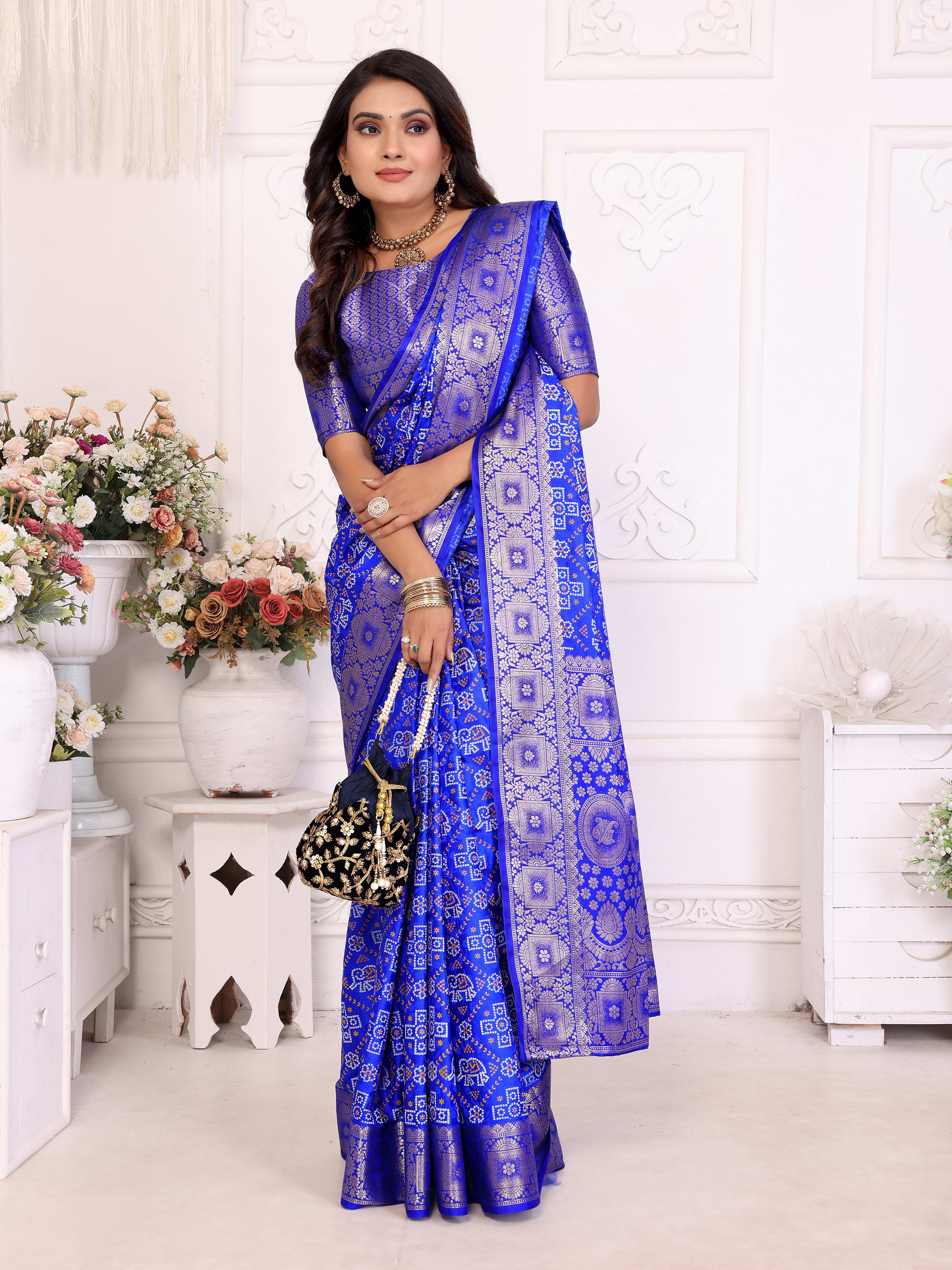 Bandhej Print Soft Satin Silk Saree with Zari Border