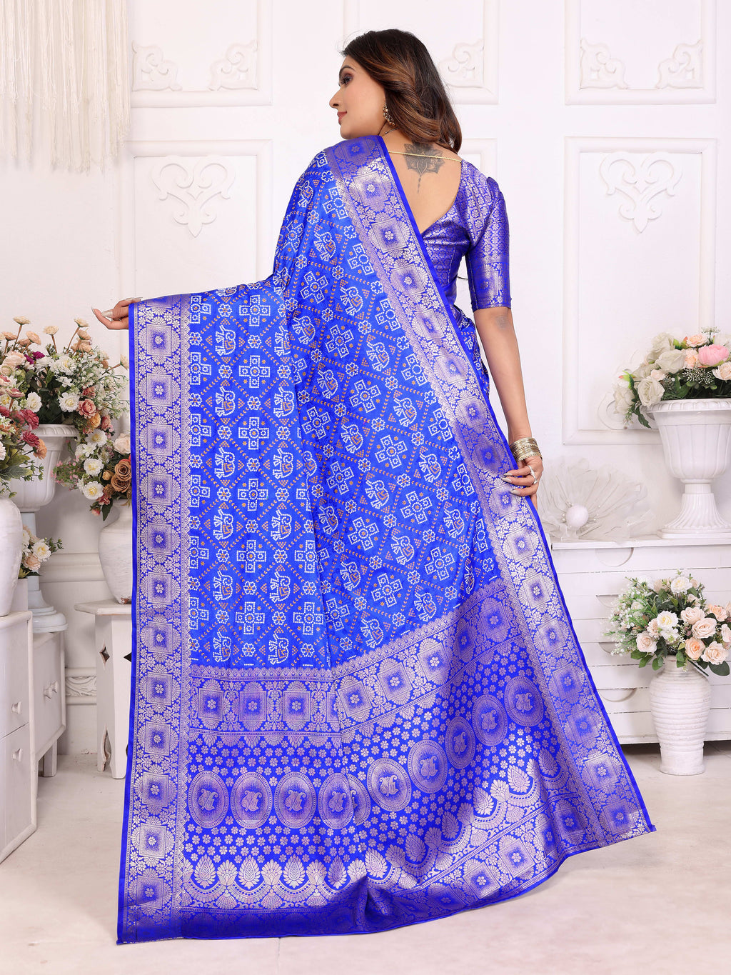 Bandhej Print Soft Satin Silk Saree with Zari Border