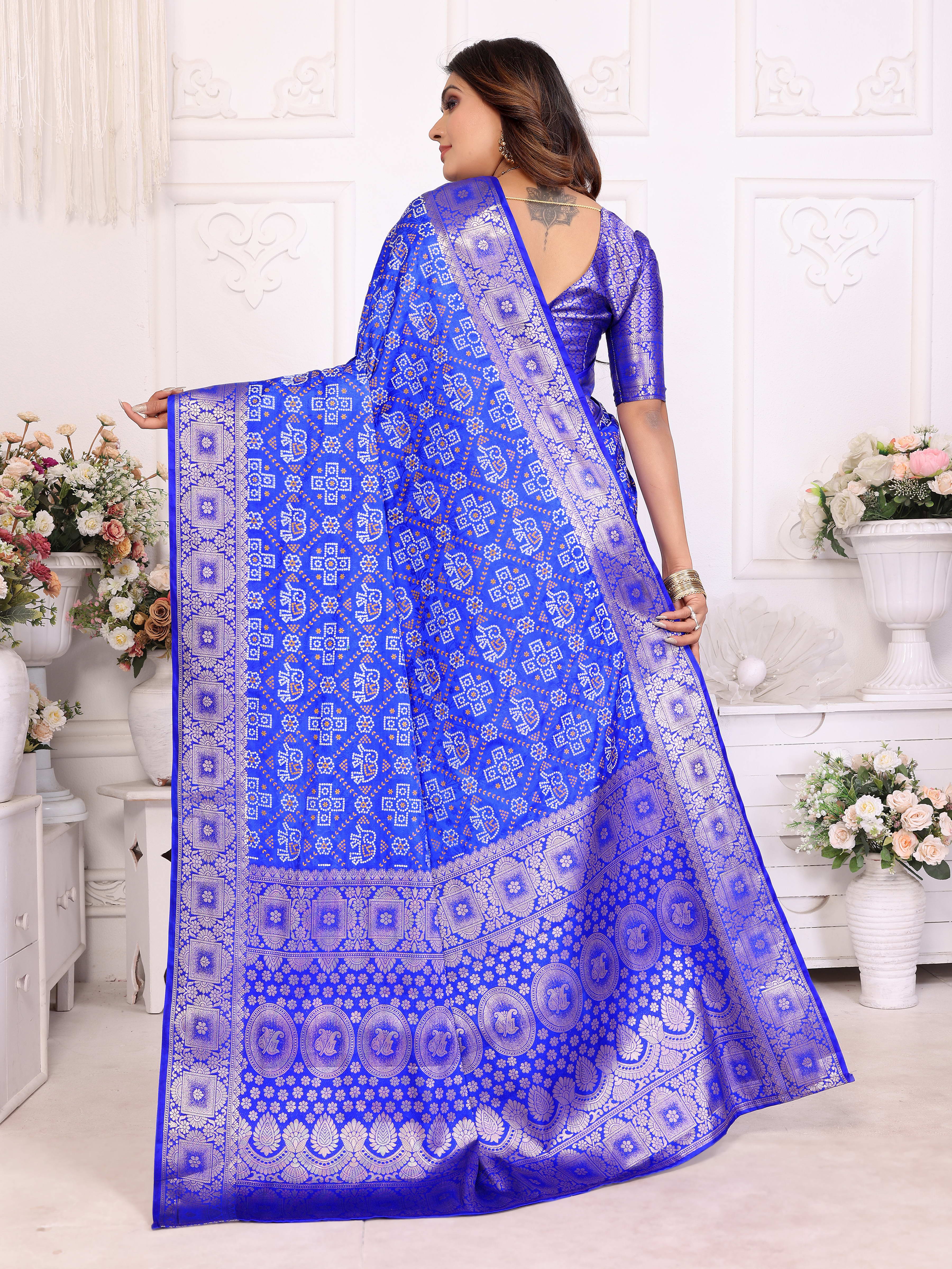 Bandhej Print Soft Satin Silk Saree with Zari Border