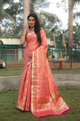 Outstanding Organza Peach Color Patola Silk Sarees