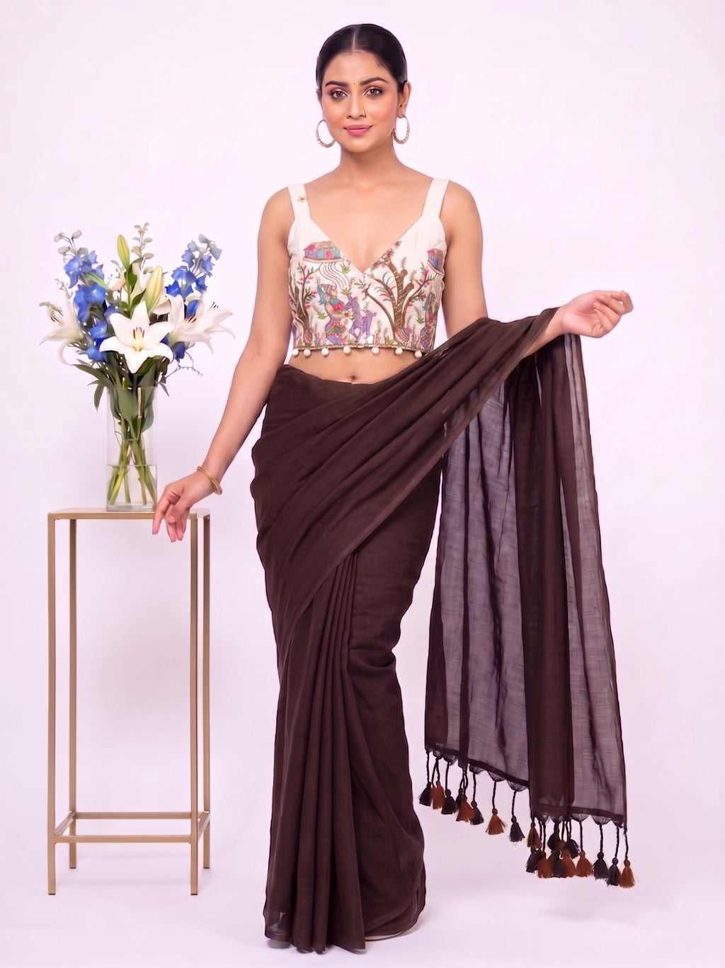 Khadi Cotton Saree with Designer Embroidered Sleeveless Blouse