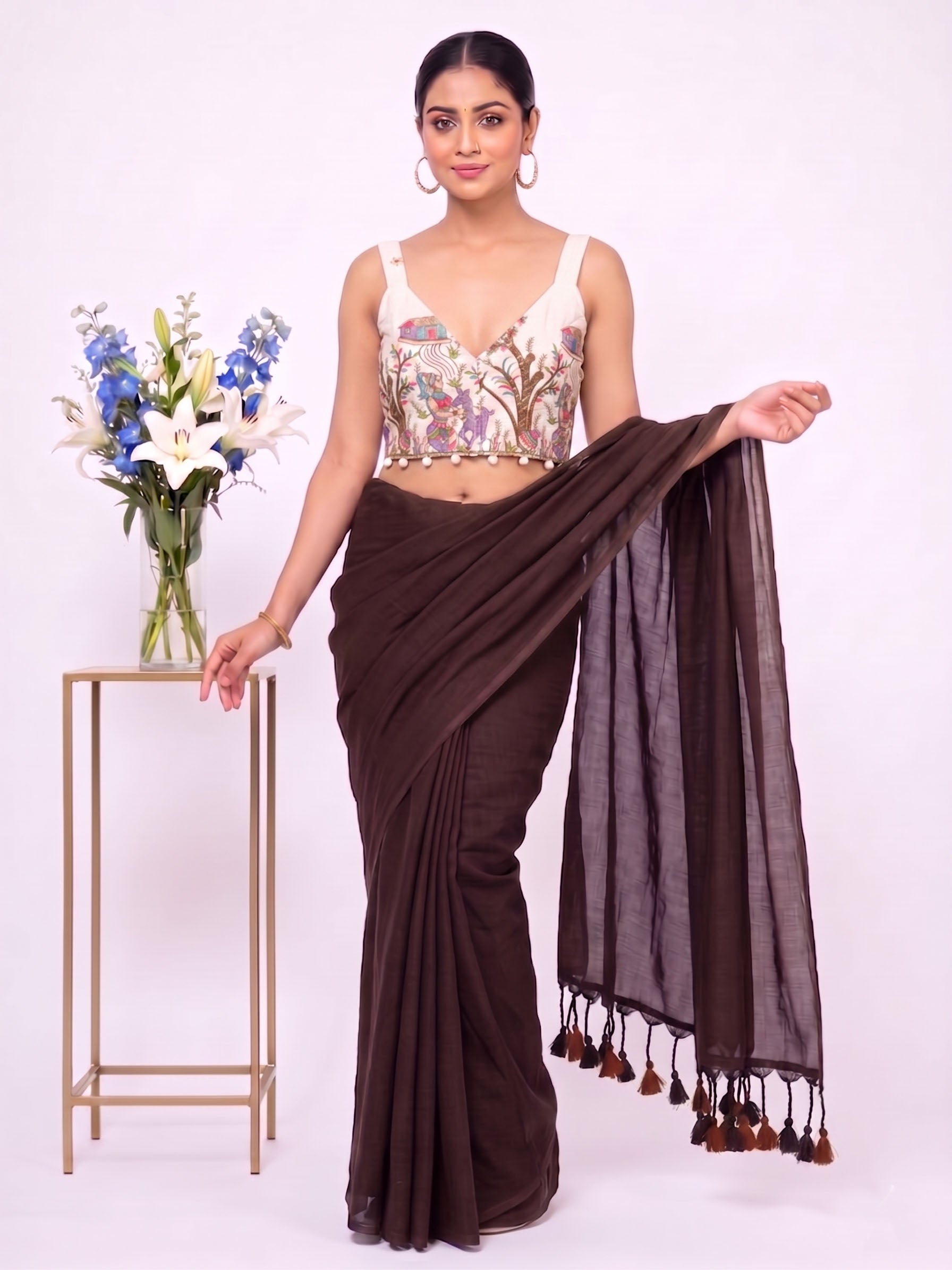 Khadi Cotton Saree with Designer Embroidered Sleeveless Blouse