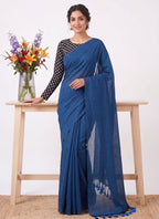 Elegant Khadi Cotton Saree with Stretchable Ajrak Print Blouse