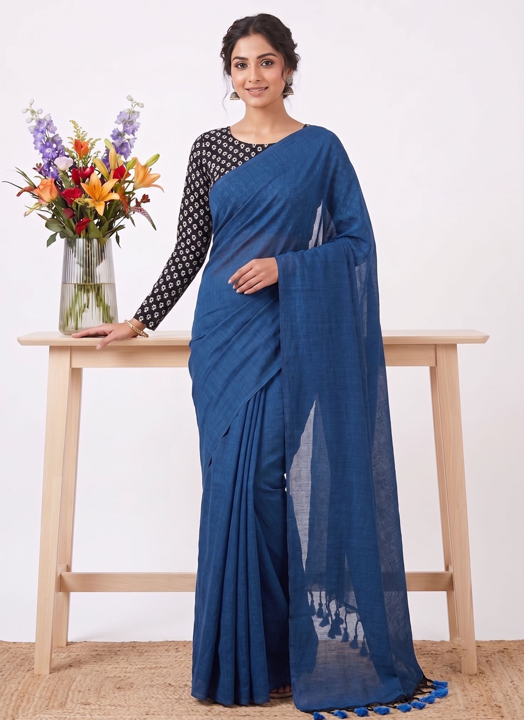 Elegant Khadi Cotton Saree with Stretchable Ajrak Print Blouse