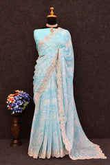 Elegant Sky Blue Color Digital Prints Saree