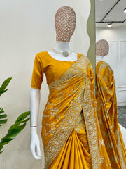 Beautiful Satin Silk Yellow Color Saree