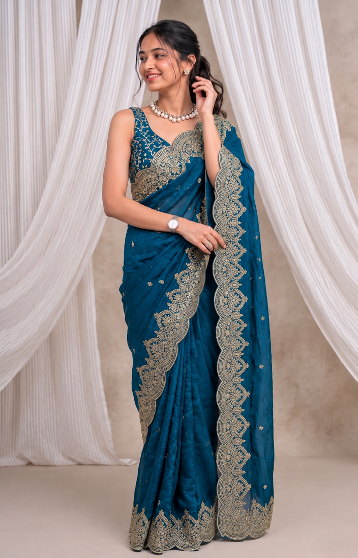 Premium Fandy Chiffon Saree with Sequins Zari Work