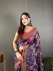 Preferable Cotton Kalamkari Prints Blue Color Saree