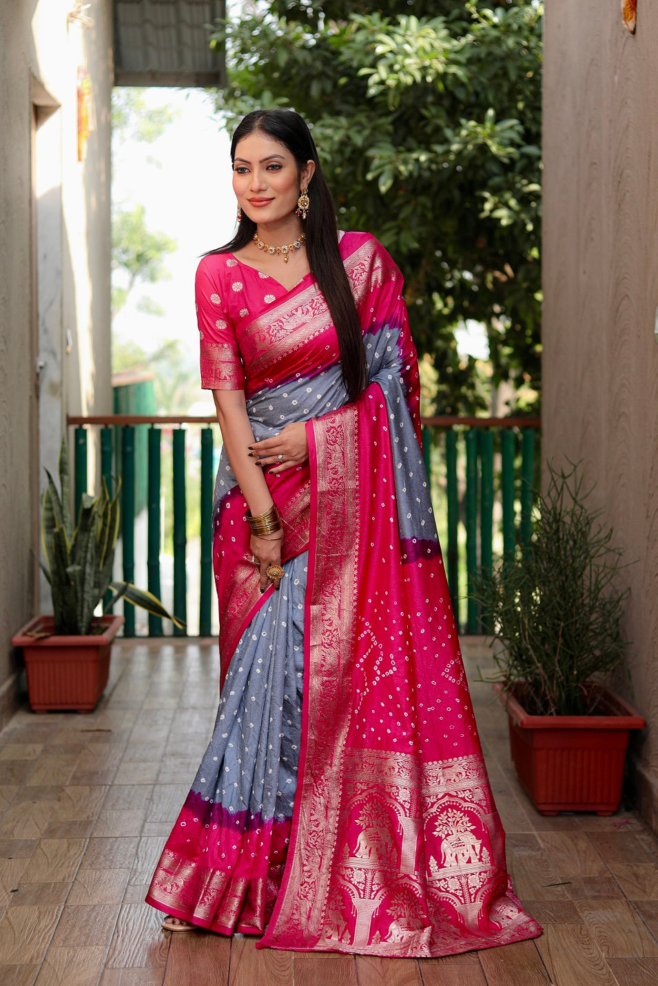 Pure Bandhej Silk Saree with Tissue Pallu