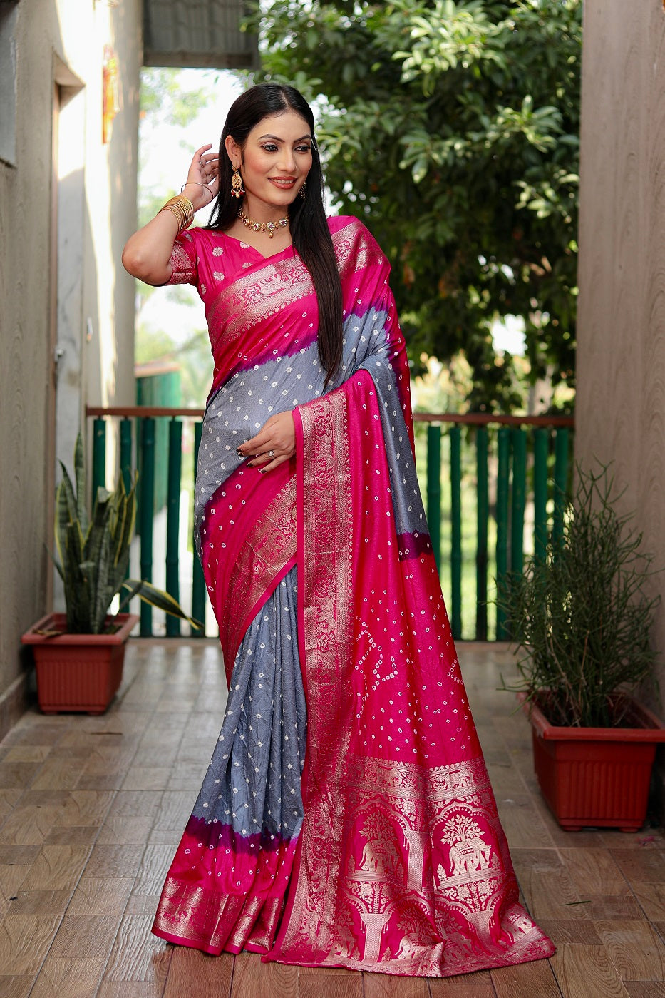 Pure Bandhej Silk Saree with Tissue Pallu