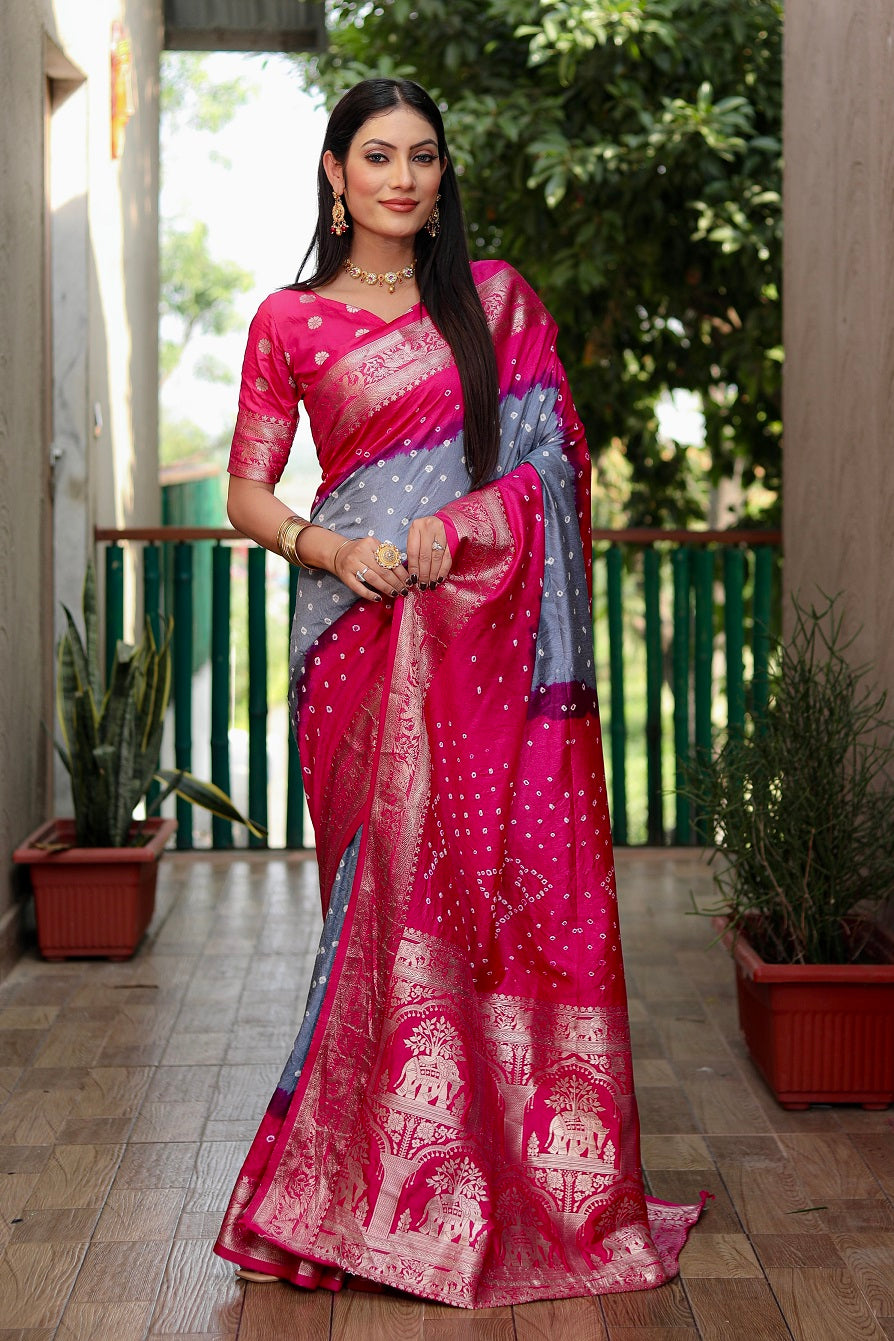 Pure Bandhej Silk Saree with Tissue Pallu