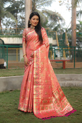 Outstanding Organza Peach Color Patola Silk Sarees