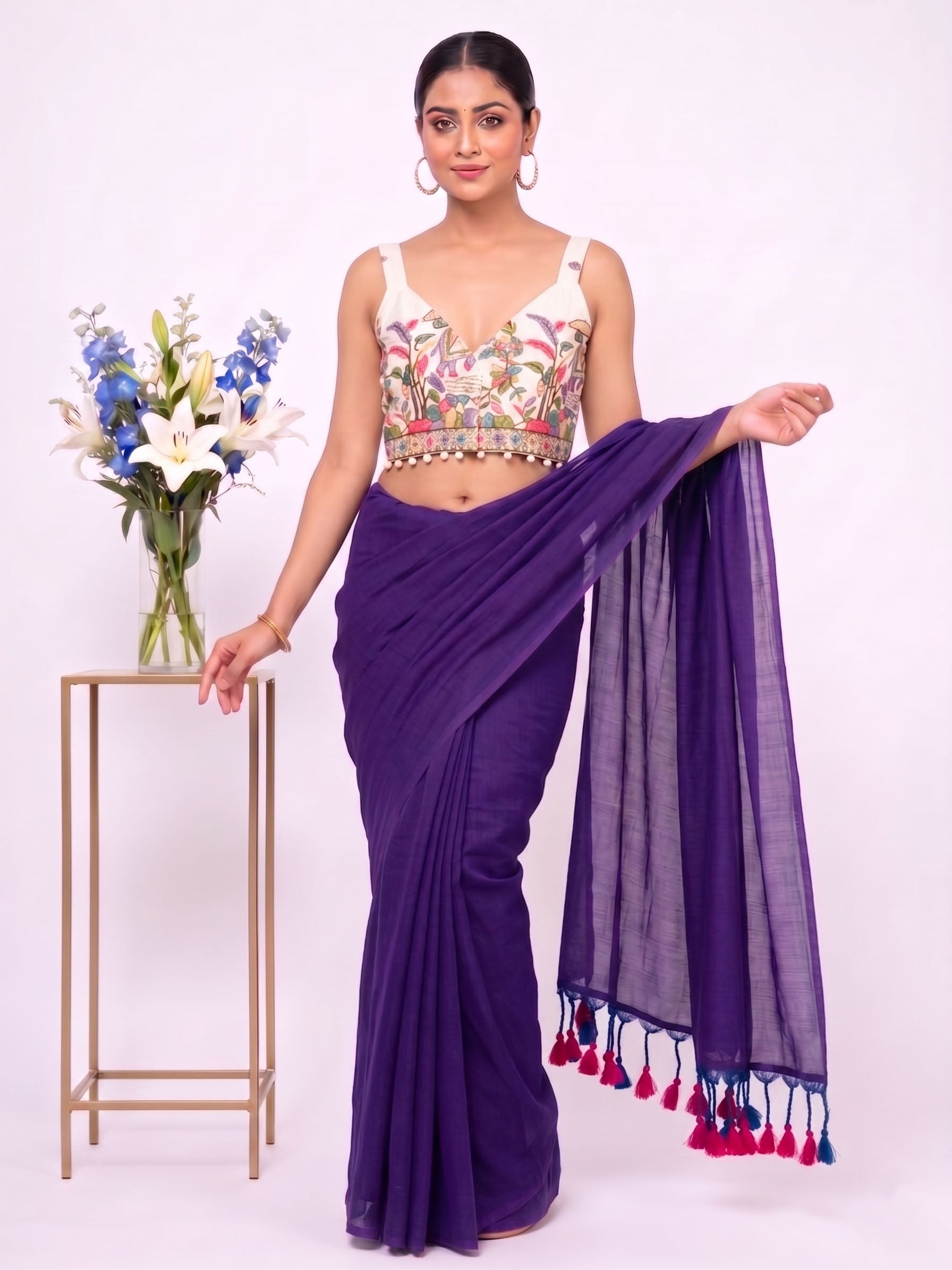 Khadi Cotton Saree with Designer Embroidered Sleeveless Blouse