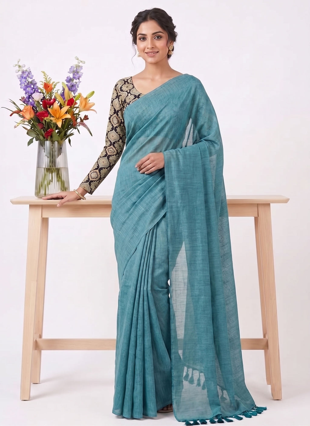 Elegant Khadi Cotton Saree with Stretchable Ajrak Print Blouse