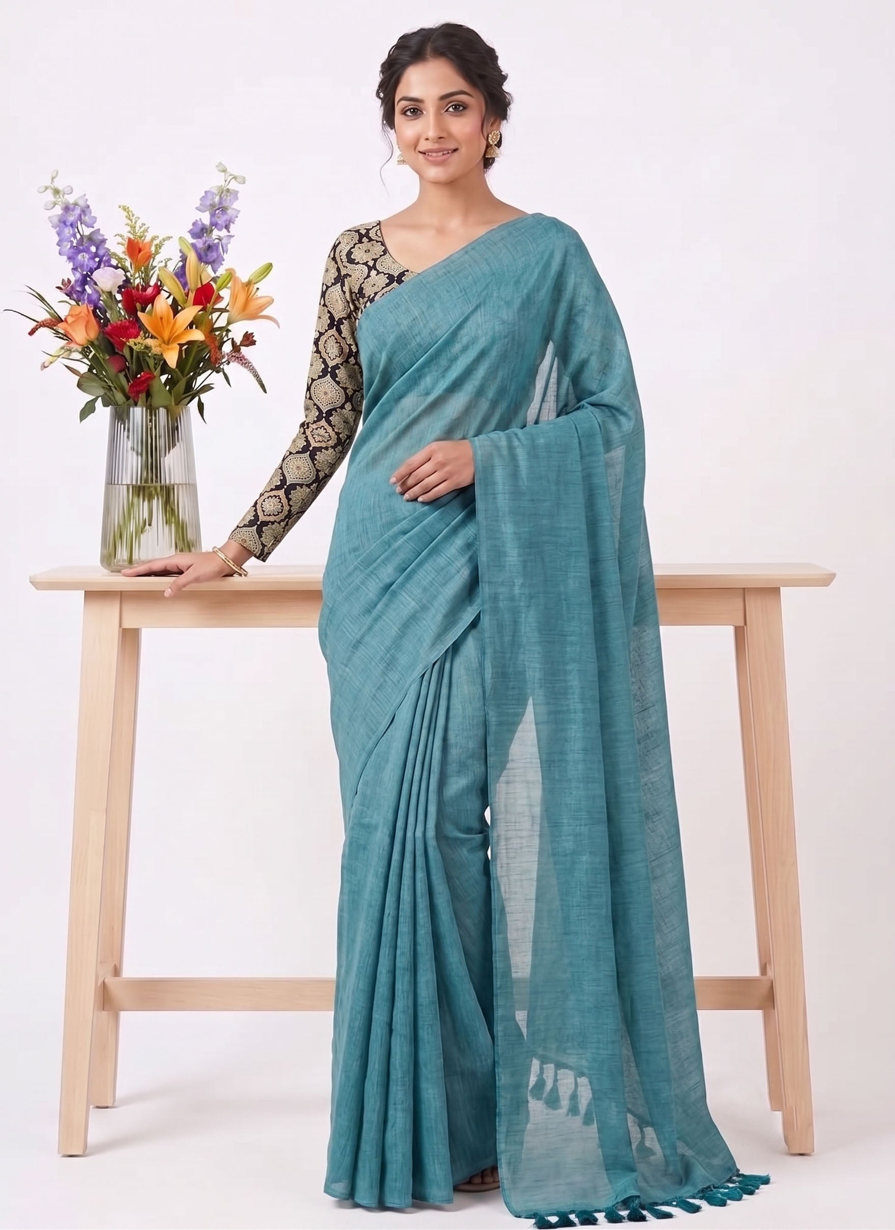 Elegant Khadi Cotton Saree with Stretchable Ajrak Print Blouse