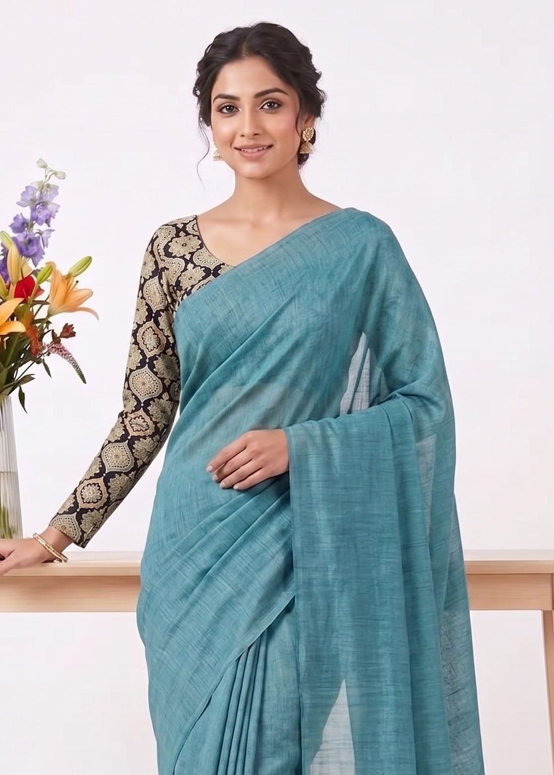 Elegant Khadi Cotton Saree with Stretchable Ajrak Print Blouse