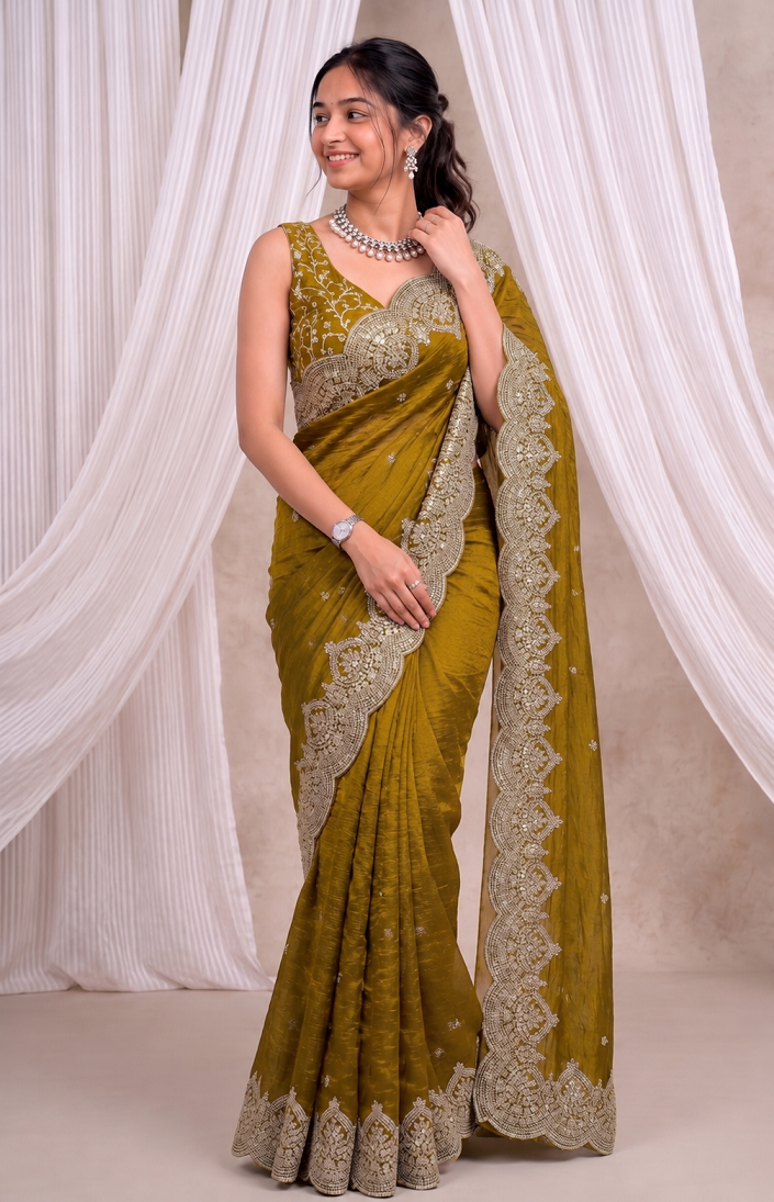 Premium Fandy Chiffon Saree with Sequins Zari Work