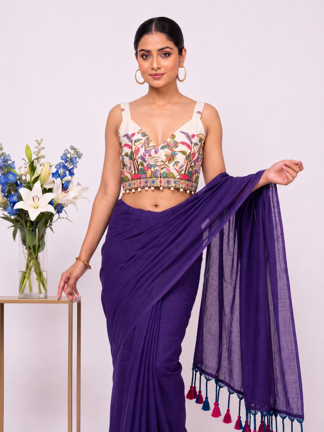 Khadi Cotton Saree with Designer Embroidered Sleeveless Blouse