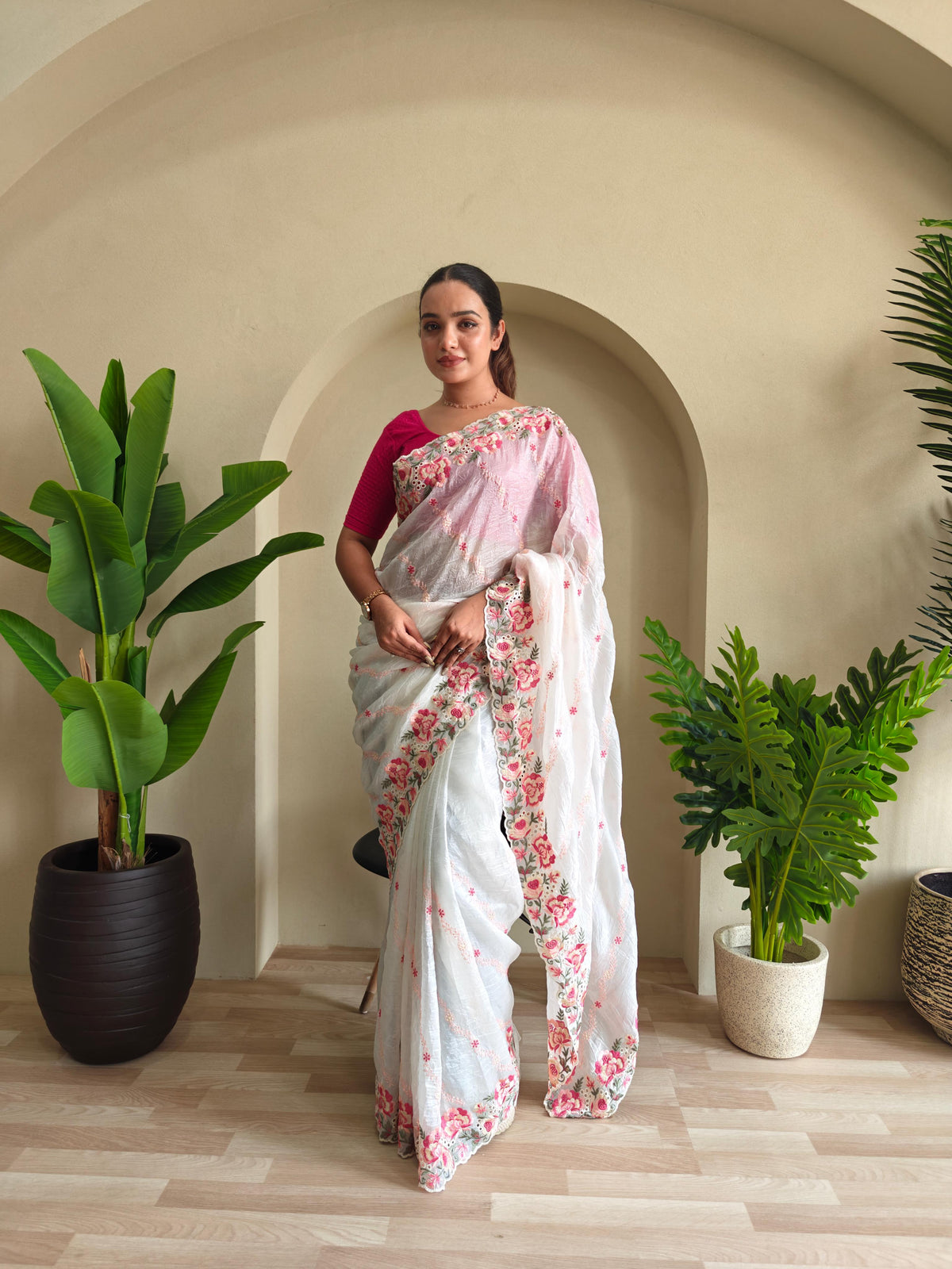 Awesome Embroidery Work White Color Saree