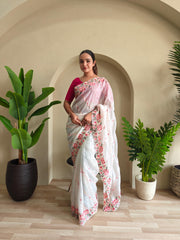 Awesome Embroidery Work White Color Saree