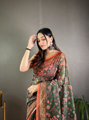 Preferable Cotton Kalamkari Prints Green Color Saree