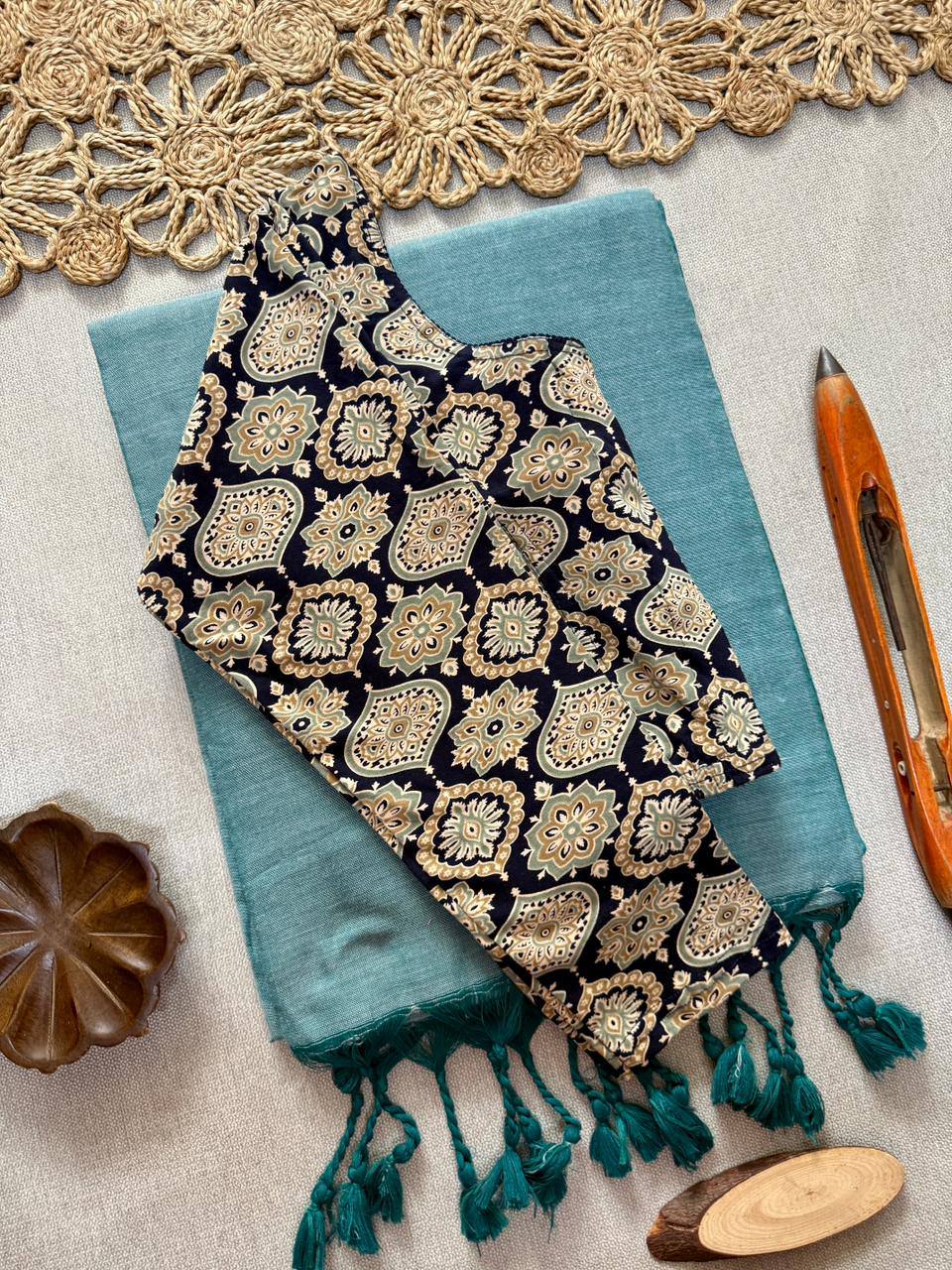 Elegant Khadi Cotton Saree with Stretchable Ajrak Print Blouse