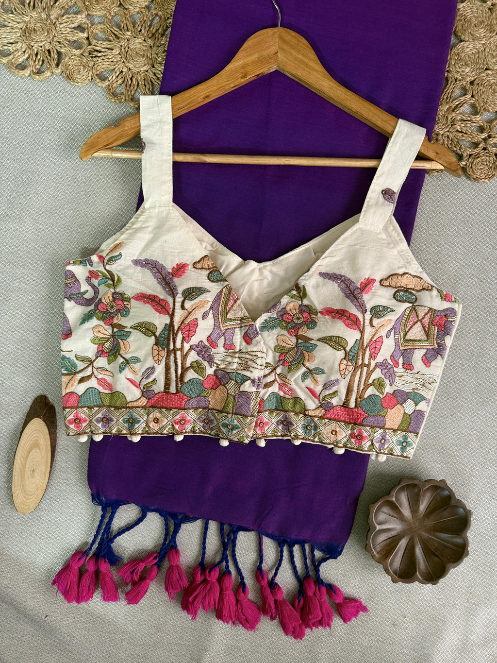 Khadi Cotton Saree with Designer Embroidered Sleeveless Blouse