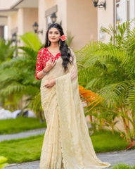 Embellished Cream Color Embroidery Work Saree