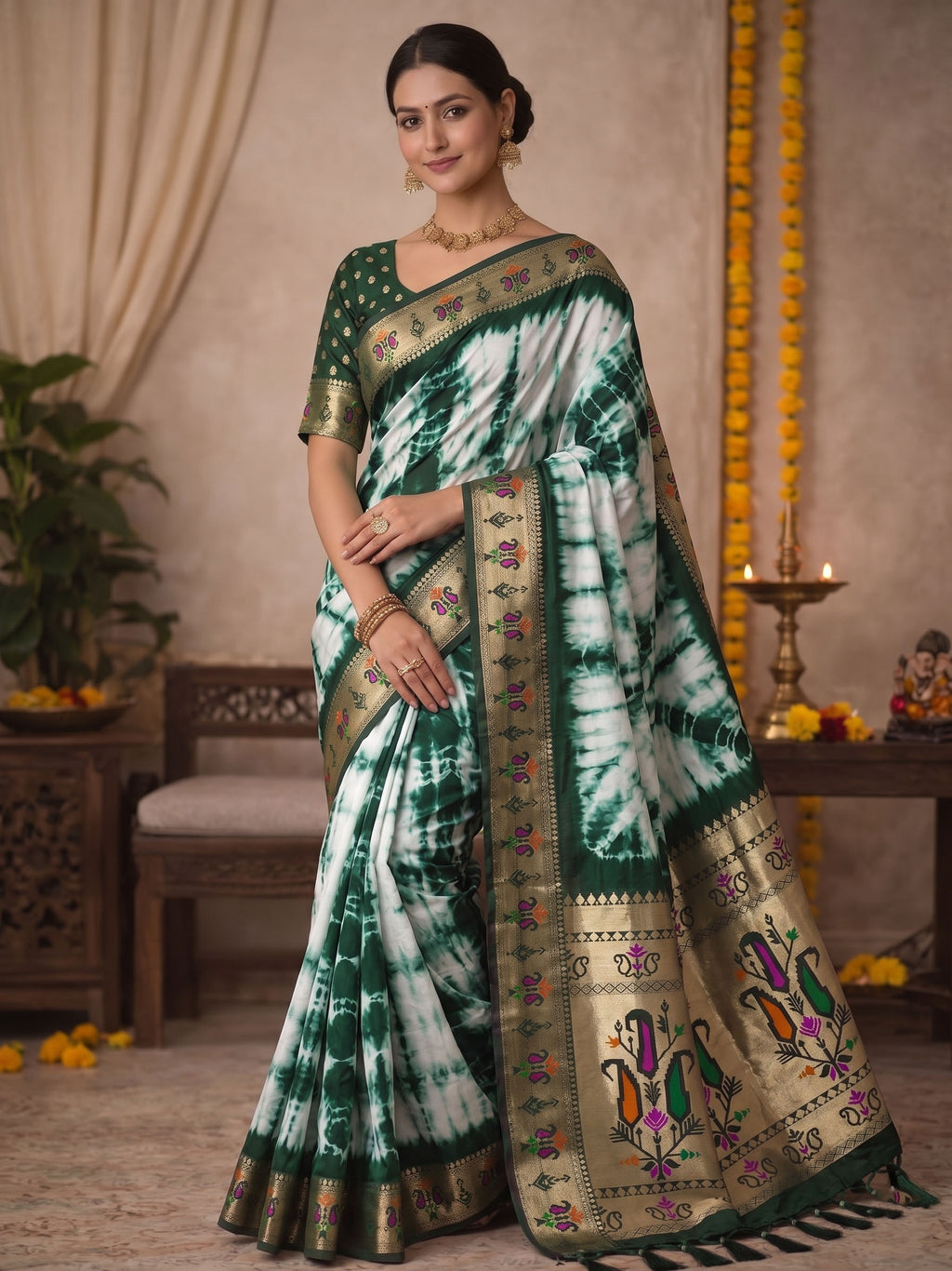 Paithani Silk Sibori Tie-Dye Saree with Minakari Border