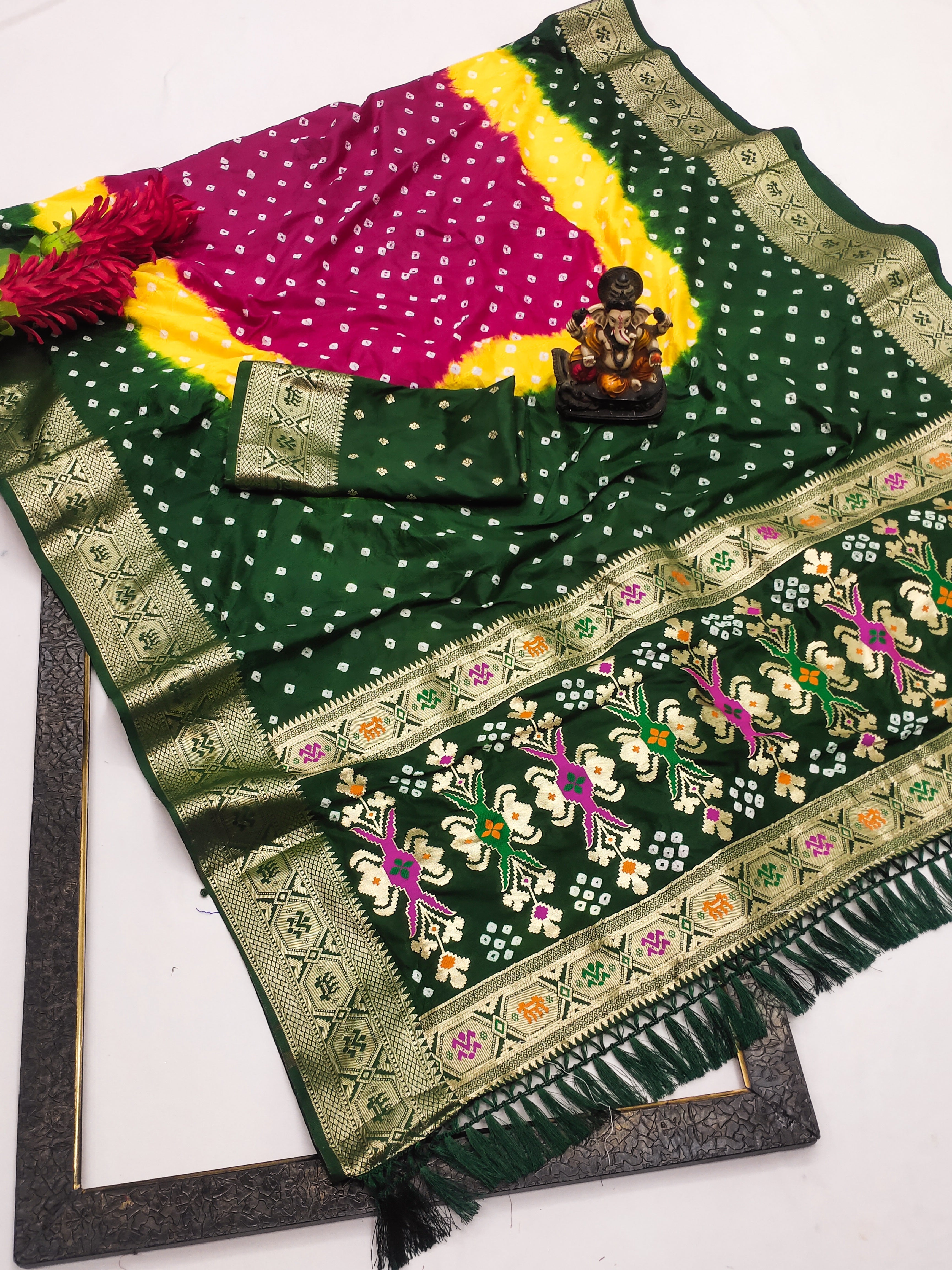 Soft Silk Multicolour Bandhej Saree with Woven Border