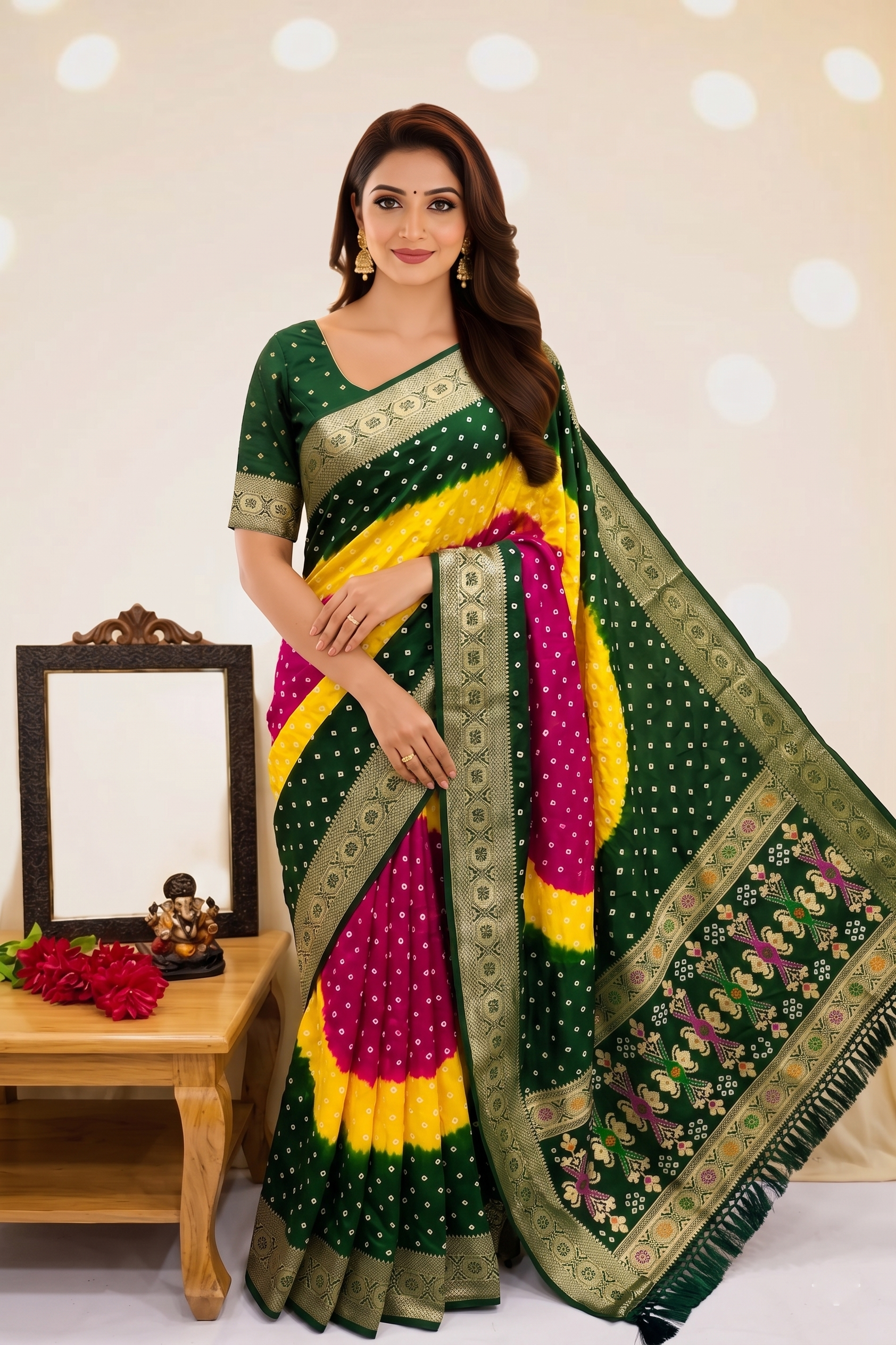 Soft Silk Multicolour Bandhej Saree with Woven Border Main image