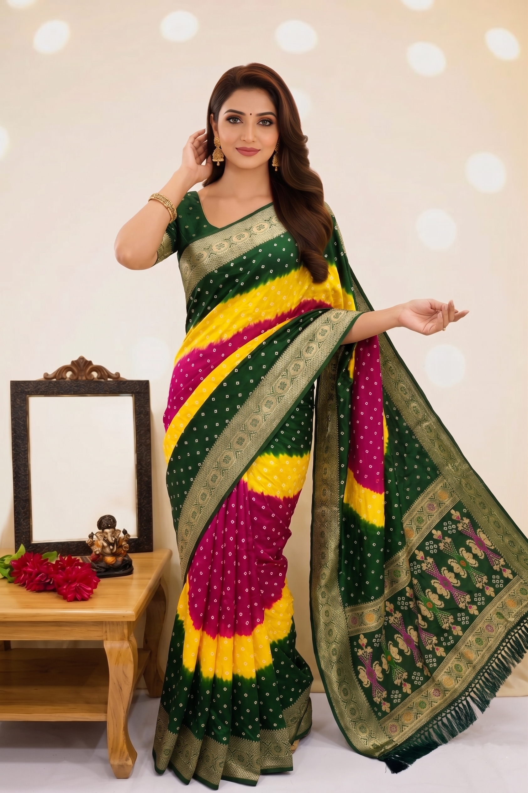 Soft Silk Multicolour Bandhej Saree with Woven Border
