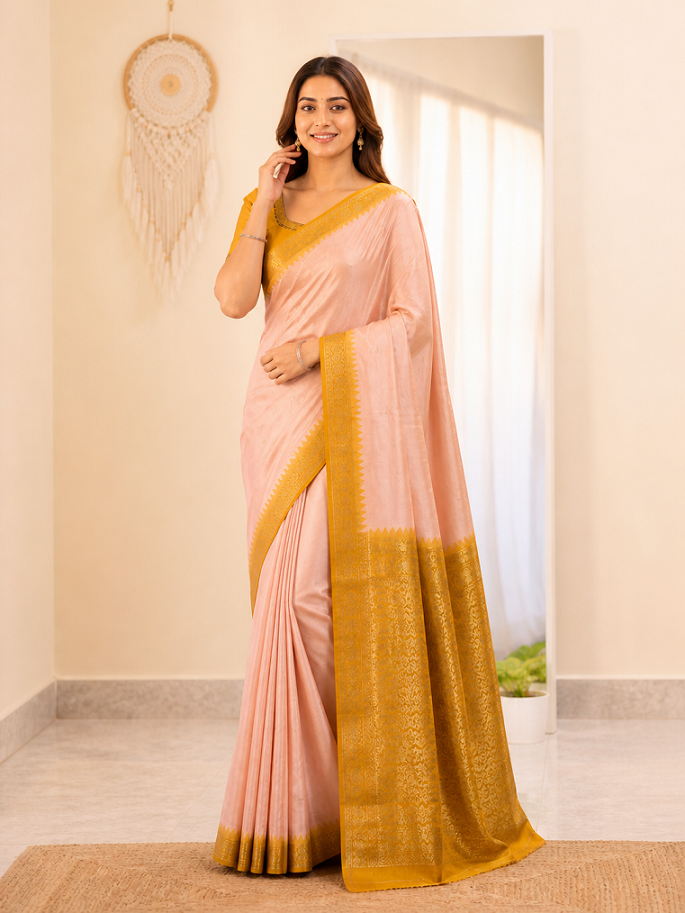Soft Silk Kanjivaram Saree with Copper Zari Jaal Weaving Secondary image